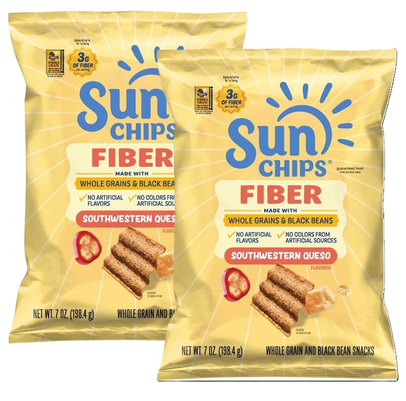 Sun Chips Southwestern Queso Fiber Black Bean Snacks 100% Whole Grain 7oz 2 Bags