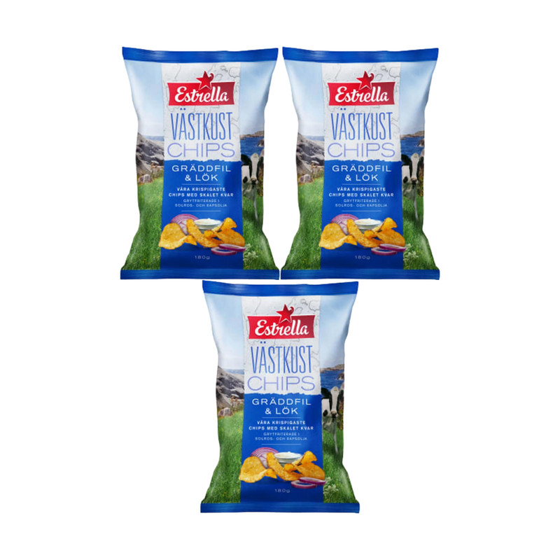 Estrella Västkustchips Sour Cream & Onion 3x180g Swedish Potato Chips