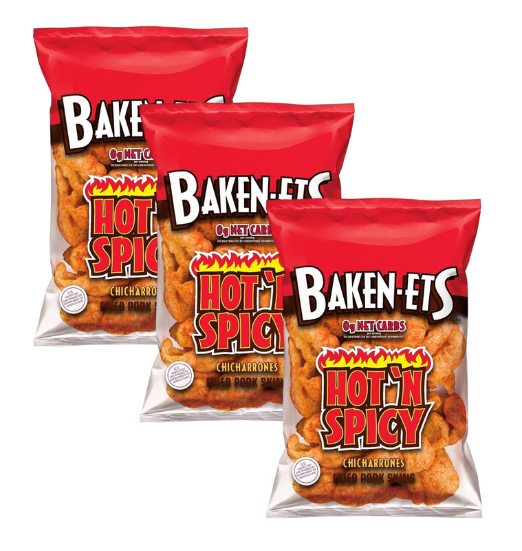 Baken-Ets Fried Pork Skins HOT & SPICY Chicharrones 4 Ounce (Pack of 3)