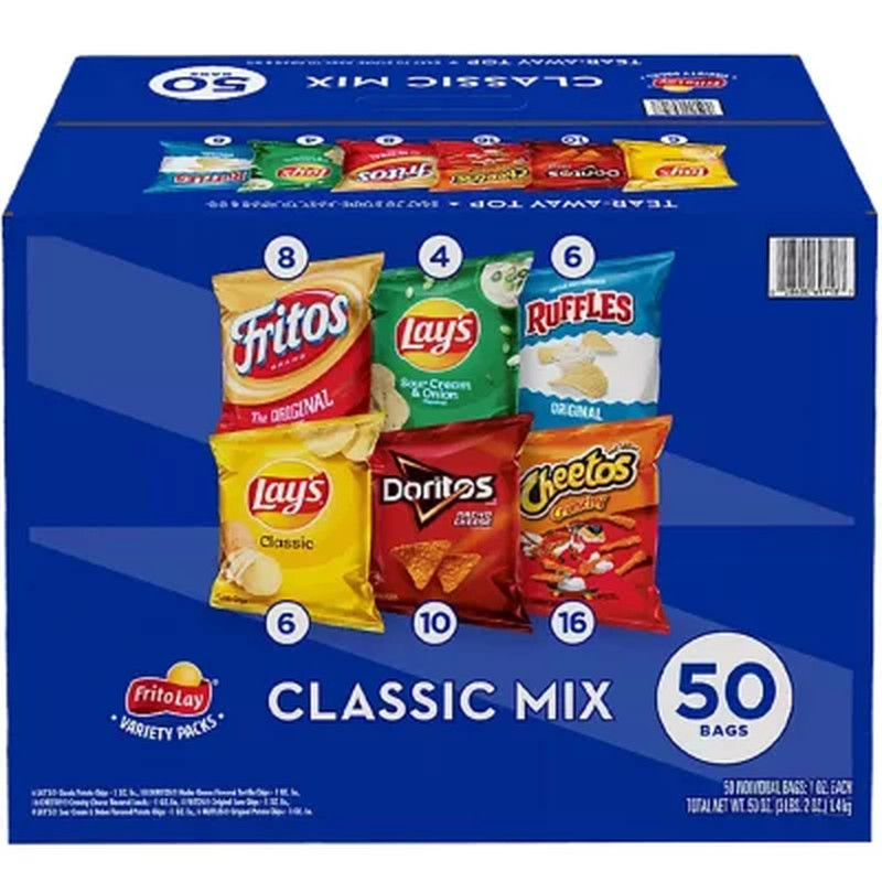 Frito-Lay Classic Mix Variety Pack – 50 Count – Assorted Chips for Snacking & Lu
