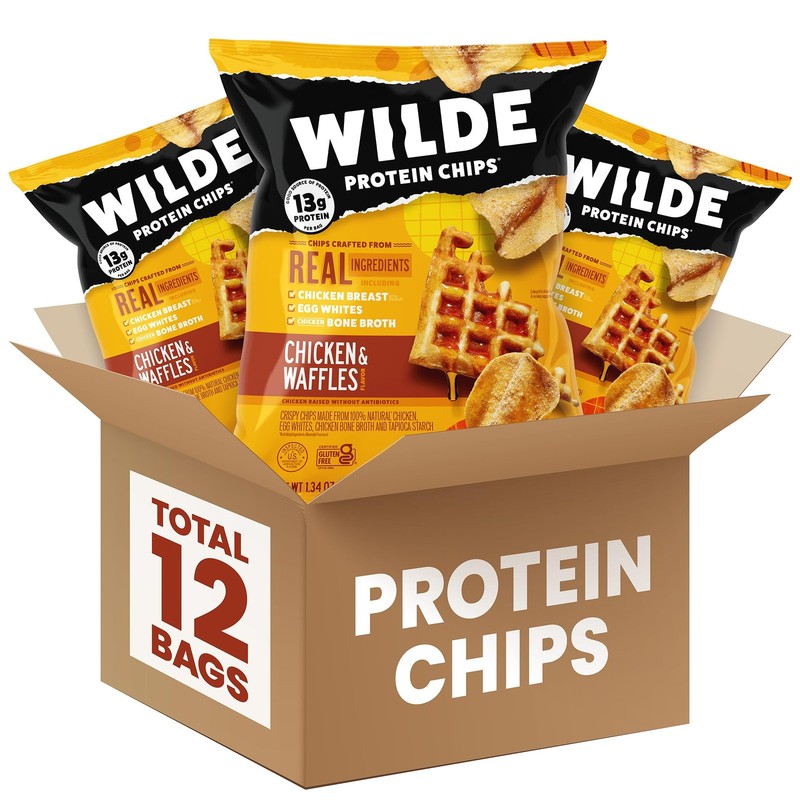 WILDE Protein Chips Chicken & Waffles, High Protein Snacks for Adults Pack of 12
