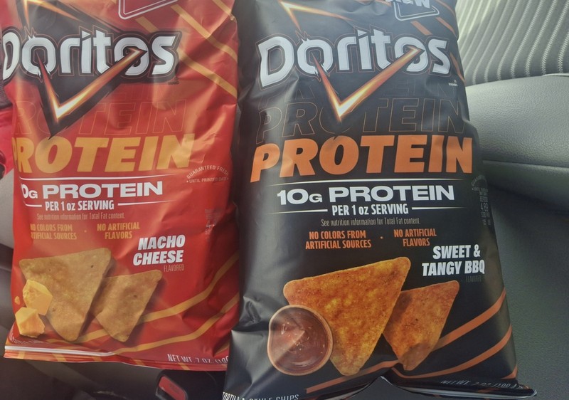 Doritos Protein Nacho Cheese And Sweet And Tangy BBQ.