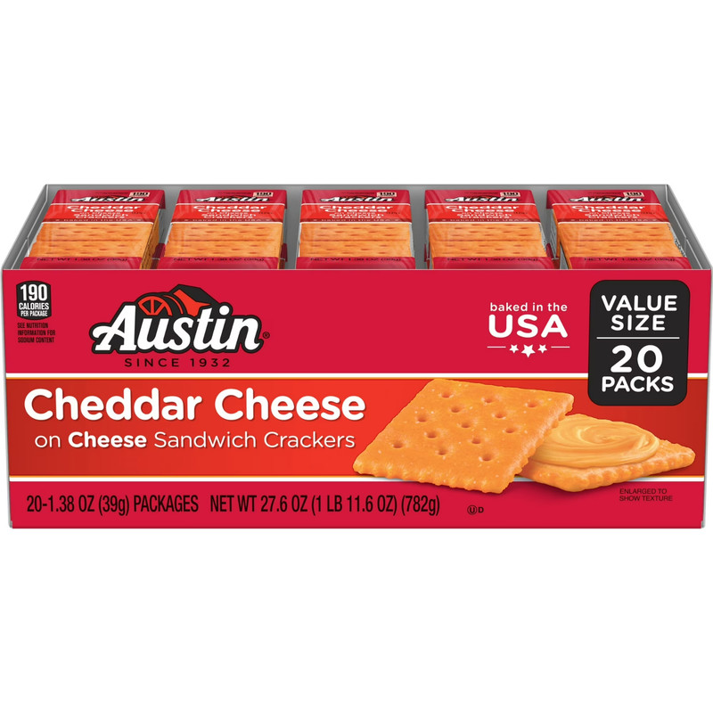 Austin Cheddar Cheese on Cheese Sandwich Crackers, Single Serve Snack 20 Count