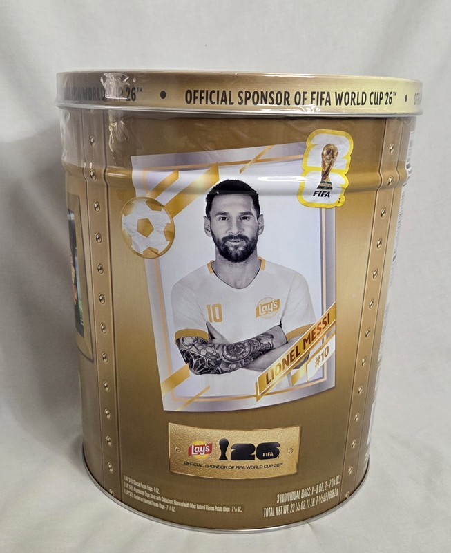 Lays FIFA World Cup 2026 Mix Large Collectible Tin Lionel Messi Sealed 3 Bags