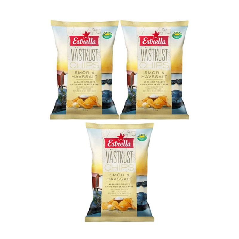 Estrella Västkustchips Butter & Sea Salt 3x180g Swedish Kettle Chips
