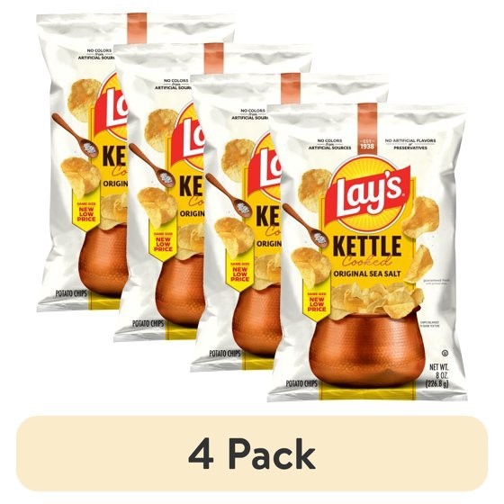 4 pack, Lay’s Original Sea Salt Kettle Cooked Potato Chips Bag, 8 oz.