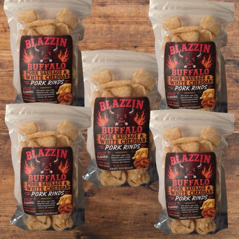 Blazzin Buffalo Pork Sausage & White Cheddar Pork Rinds 3 oz. Bag – 5 Pack