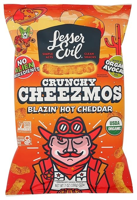 LESSEREVIL Organic Blazin' Hot Cheddar Cheezmos, 7 OZ