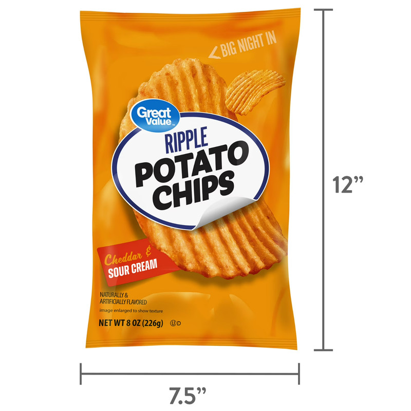 (4 pack) Great Value Rippled Cheddar & Sour Cream Potato Chips, 8 oz Bag gallery