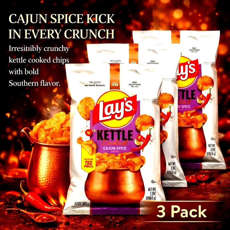 Lay’s Kettle Cooked CAJUN SPICE Potato Chips 8Oz. 3 Bags LAYS Crunchy NEW
