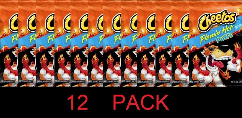 CHEETOS PUFFS Flamin Hot Cheese Flavored Snacks 8 oz Bag - 12 PACK