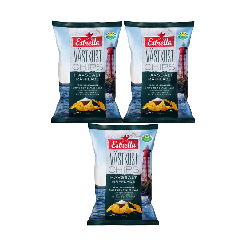 Estrella Västkustchips Sea Salt Ridged 3x180g Swedish Kettle Potato Chips