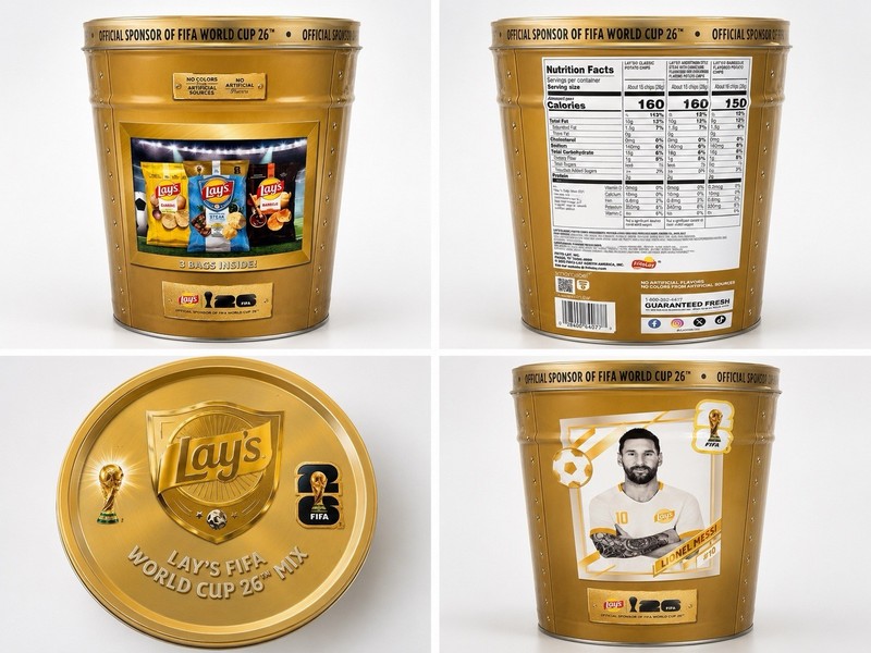 Lays FIFA World Cup 2026 Mix Large Collectible Tin Lionel Messi Sealed 3 Bags
