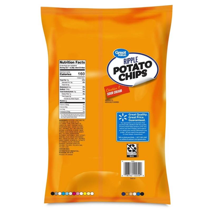 (4 pack) Great Value Rippled Cheddar & Sour Cream Potato Chips, 8 oz Bag gallery