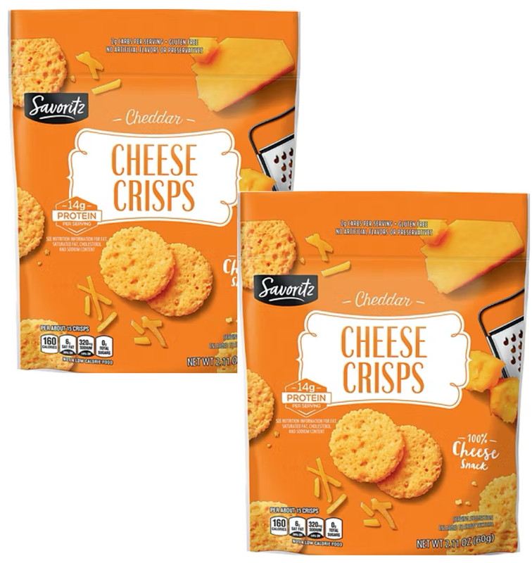 Savoritz Cheddar Cheese Crisps 2.11oz Pack of 2, Keto Friendly, 0 Net Carbs