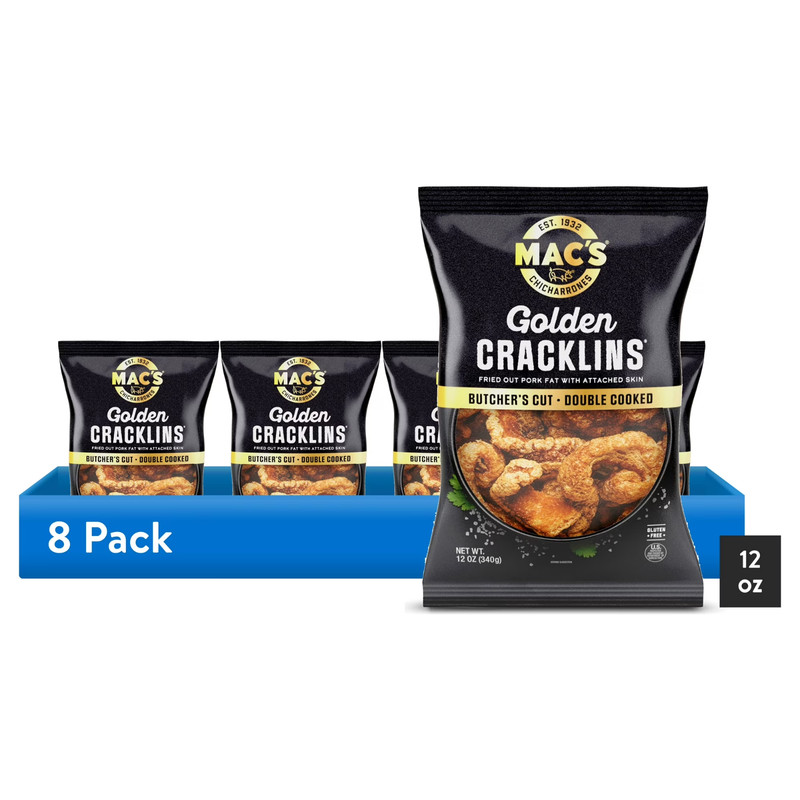 (8 pack) Mac’s Chicharrones Golden Cracklin Curls, Fried Pork Fat with Skin, 12