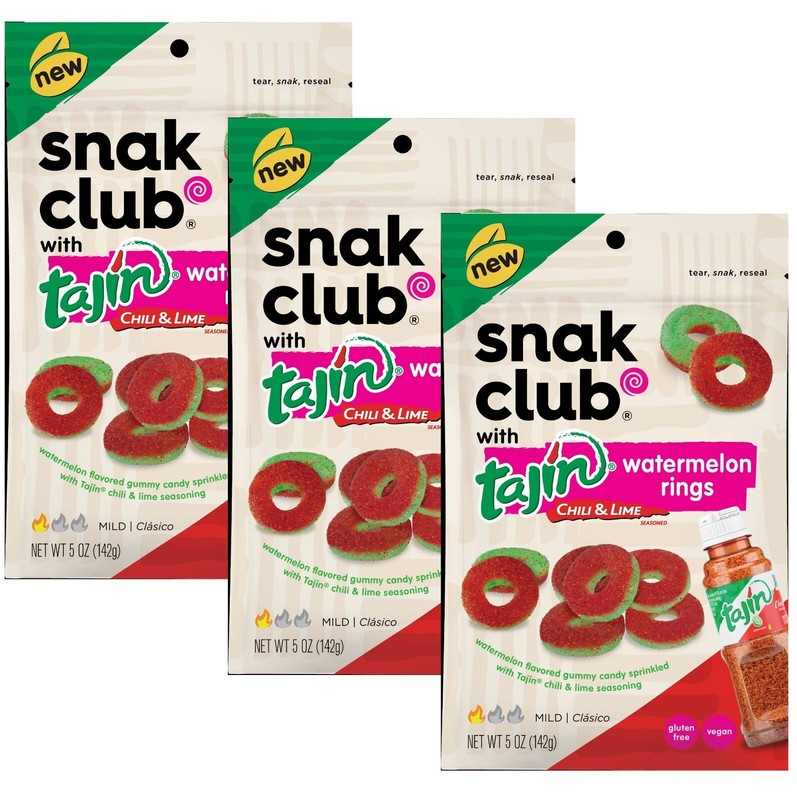 Snak Club WATERMELON RINGS Gummy Candy Tajin Chili & Lime Seasoned 5 Oz. 3 Bags