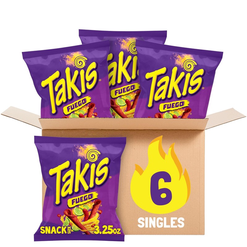 Takis Fuego 6 pc / 3.25 oz Snack Size Case, Hot Chili Pepper & Lime Flavored Ext