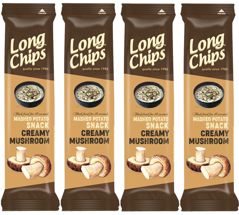 4 LONG CHIPS CREAMY MUSHROOM Flavor Mashed Potato Snack Bags 75g 2.65oz