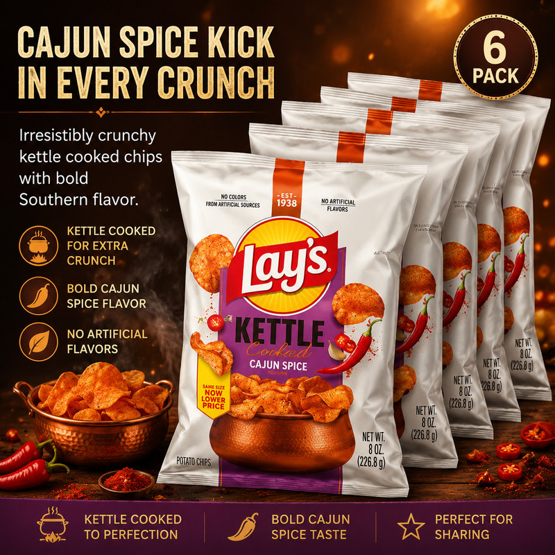 Lay’s Kettle Cooked CAJUN SPICE Potato Chips 8 oz 6 Bags LAYS Crunchy NEW6