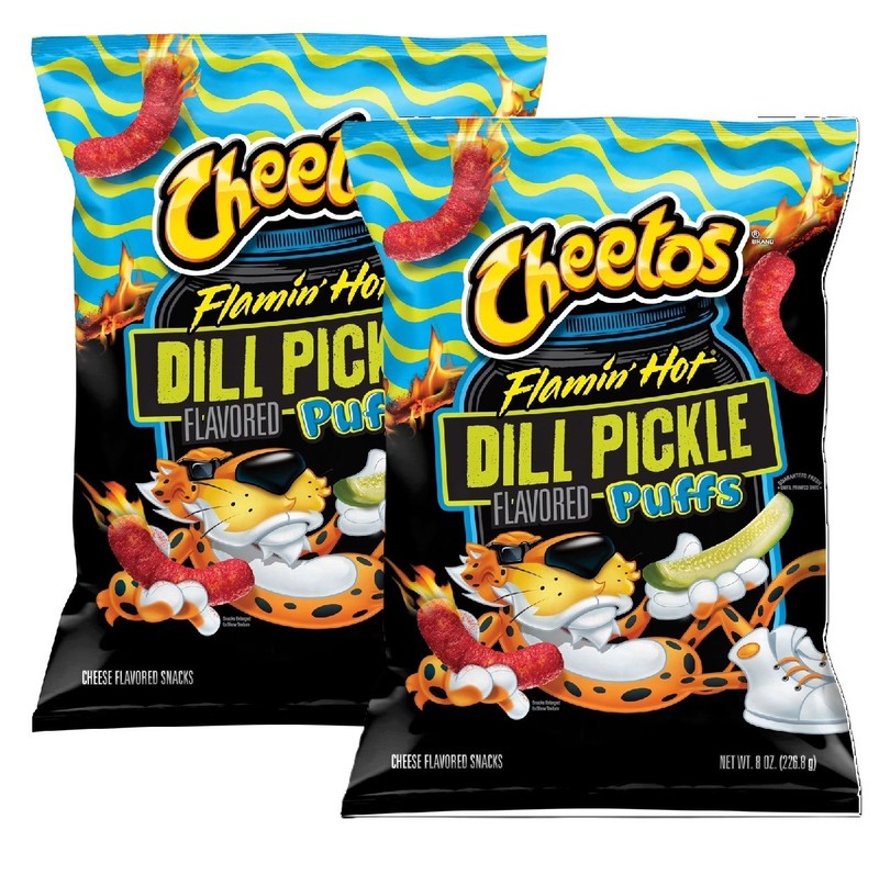Cheetos PUFFS DILL PICKLE FLAMIN HOT Cheese Flavor Snacks 8 oz (2 Bags) NEW!