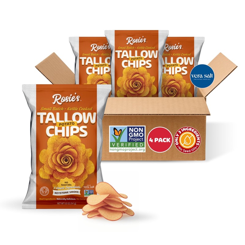 Rosie’s Keystone Smoke Beef Tallow Chips – Kettle Cooked Potato Chips in Gras…