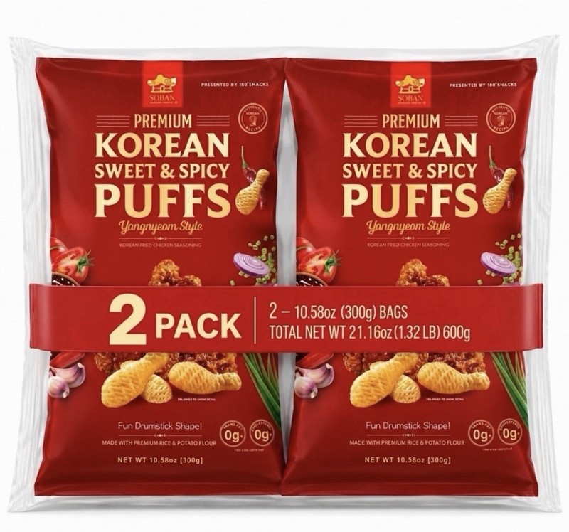 Soban Premium Korean Sweet & Spicy Puffs Yangnyeam Style 10.58oz (2 Bags)