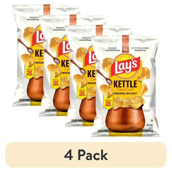 (4 pack) Lay’s Original Sea Salt Kettle Cooked Potato Chips Bag, 8 oz​