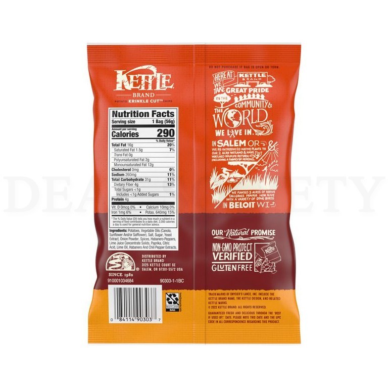 Kettle Foods Krinkle Cut Habanero Lime Potato Chips 2oz Lot of 12 Bags gallery