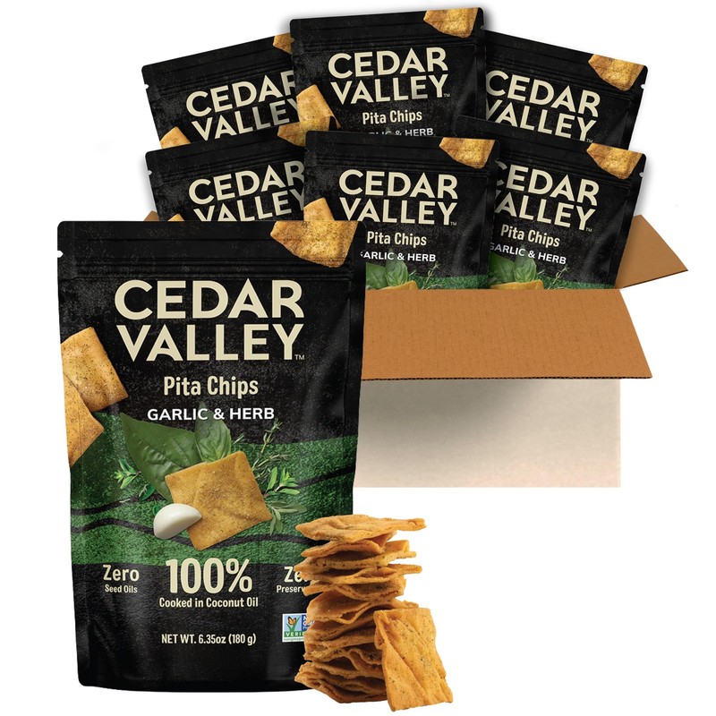Cedar Valley Pita Chips Garlic & Herb | 180g Pack of 6 | Seed Oil Free, Cooke…