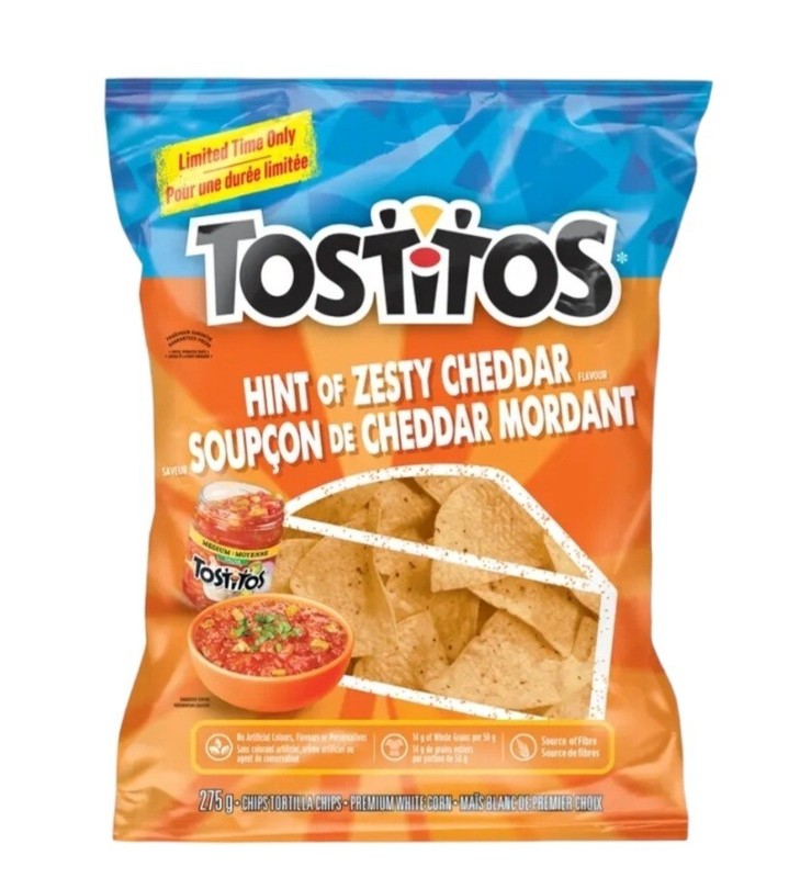 8 Bags of Tostitos Hint of Zesty Cheddar Tortilla Corn Chips 275g Each