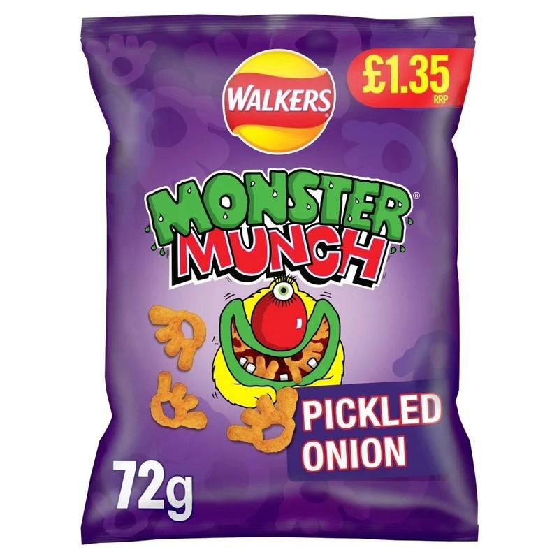 Monster Much Pickled Onion Snacks Crisps Full Box 18 Packs of 72gm each