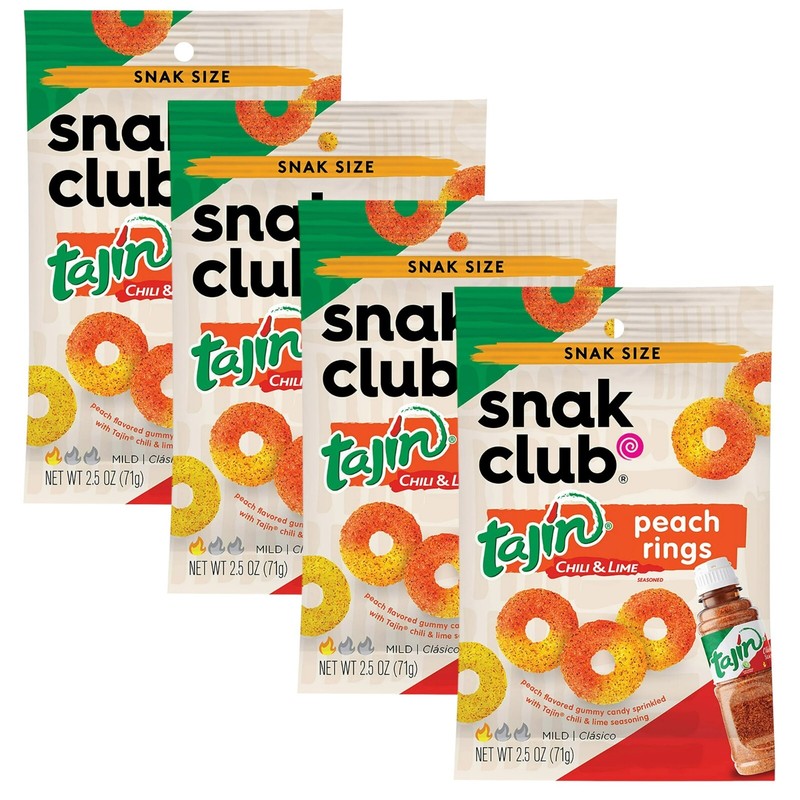 Snak Club PEACH RINGS Gummy Candy Tajin Chili & Lime Seasoned Mild 2.5Oz Bag 4Pk