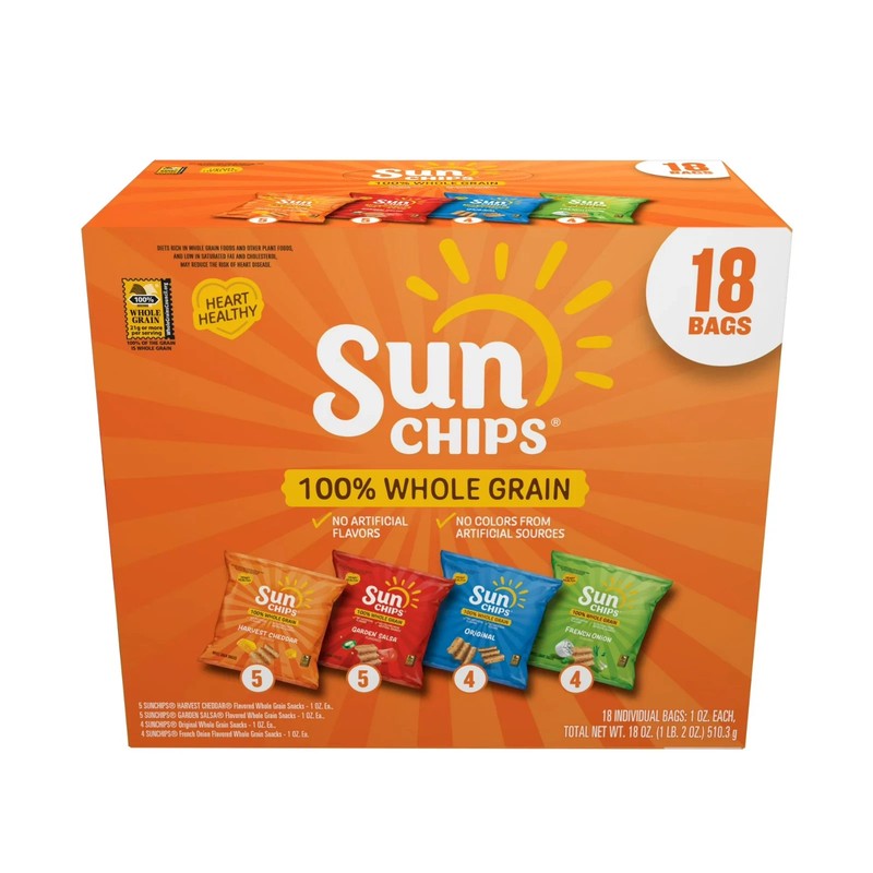 SunChips 100% Whole Grain Snack Chips 4 Flavor Variety Pack 1 oz 18 Count….etc