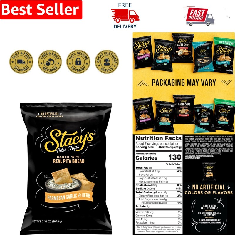 Stacy’s Pita Chips – Parmesan Garlic & Herb, 7.33 oz Bag, No Artificial Flavors
